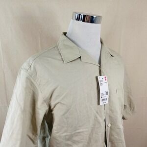 NEW Uniqlo Medium Short Sleeve Lounge Shirt Beige Solid Cotton Linen Casual Mens